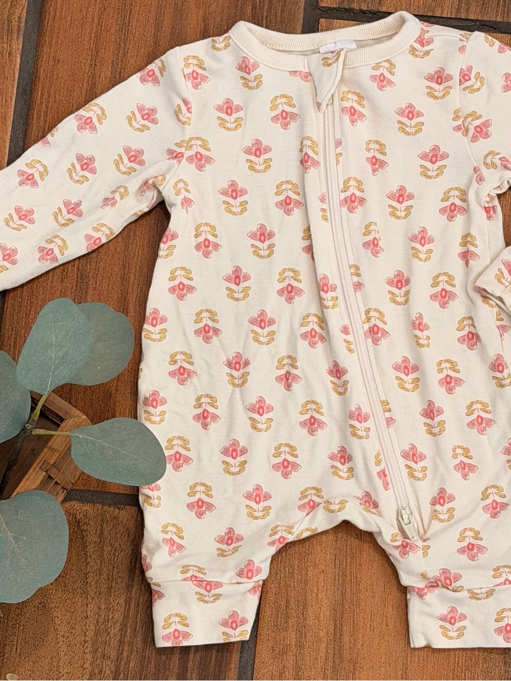 Cream Floral-Print Zipper Baby One-Piece